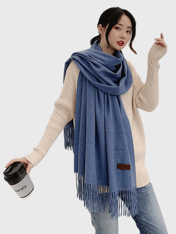 Women’s woman winter fashion female Fringe shawls cashmere soft hand-feeling scarves winter wraps solid color tassels Scarf in blue