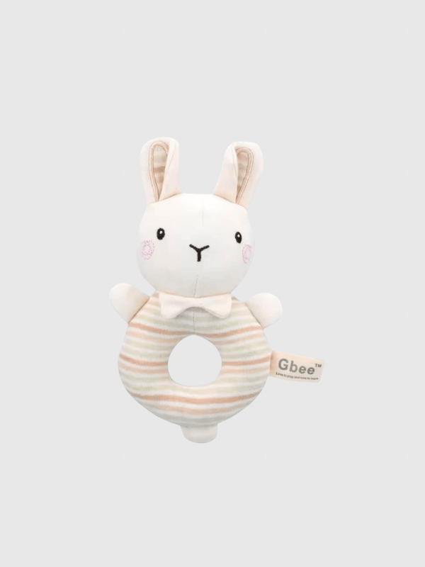 Baby infant newborn boys girls Plush stuffed striped organic cotton baby hand crank, soothing rattle ring, 0-1 year old baby toy hand bell Ronnie rabbit comforters dolls in beige stripes