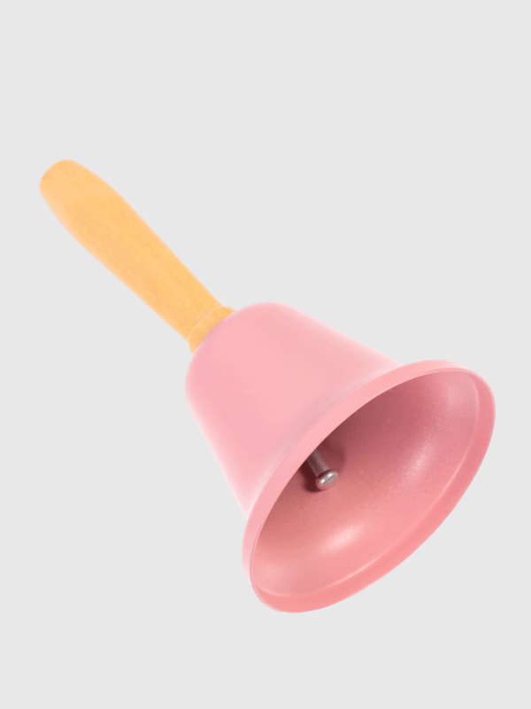 Classic vintage style Christmas holiday decoration, Santa handheld jingle ring bell in pink with natural light wooden handle