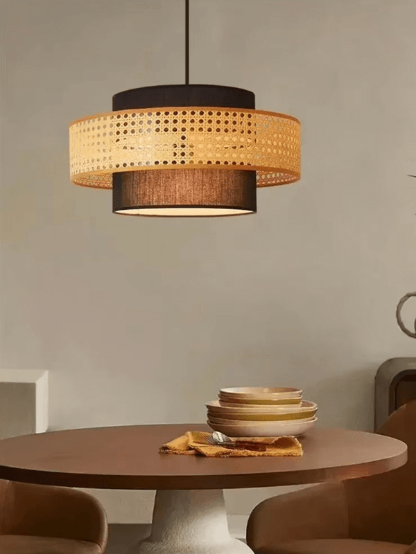 Handmade Japanese Vintage LED Pendant Lights Hand-Woven Rattan Hanging Chandelier Lighting Living Dining Room Restaurant Kitchen Pendant Lighting in dark brown beige