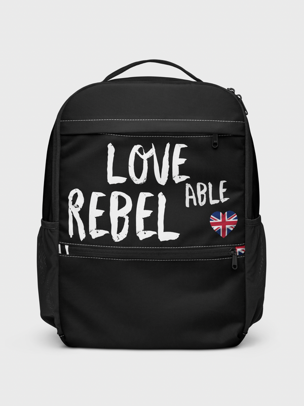 Men’s Women’s man woman genflex gender neutral genderfluid Unisex Loveable Love able Rebel Utility Backpack miteigi Japan Logo     miteigi Logo Japanese Branded product item travel luggage with British Union Jack country flag in British love Heart graphic shape design backpacks everyday bags in black with white red blue accent colors