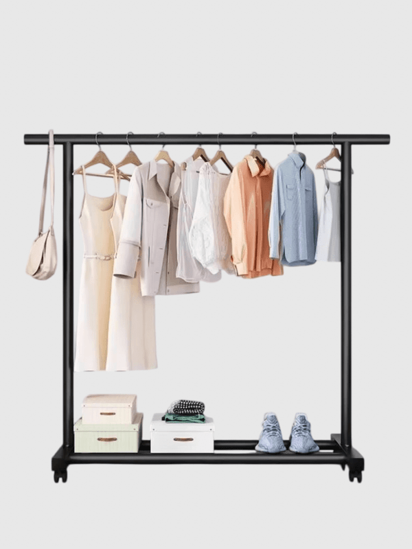 Indoor Balcony Sturdy heavy load-bearing single rod clothes hanging drying rack, space saving, floor standing with coat hook bar, lower bottom storage shelf and 360° brake lock castor wheels, 150cm length