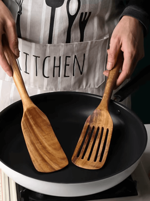 Wooden Teak Wood Spatula Set Of 2-Piece for Cooking Nonstick Long Handle Heat Resistant Slotted Turner Cookware Utensils Spatulas with hang hook hole in natural brown color
