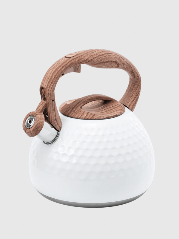 2.8L Whistling Tea Kettle With Wood Handle Stainless Steel Enamel Food Grade Tea Pot With Heat-Proof Handle For Gas Induction Stovetops Cookers 2.8L in white