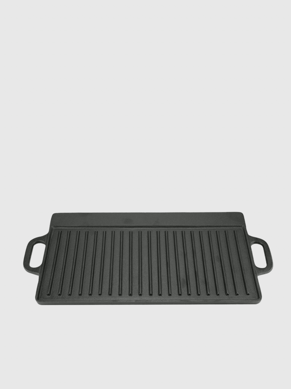 Cast Iron Grill Griddle Pan Non-Stick Ridged and Flat Double Sided Baking Cooking Tray Bakeware in black charcoal