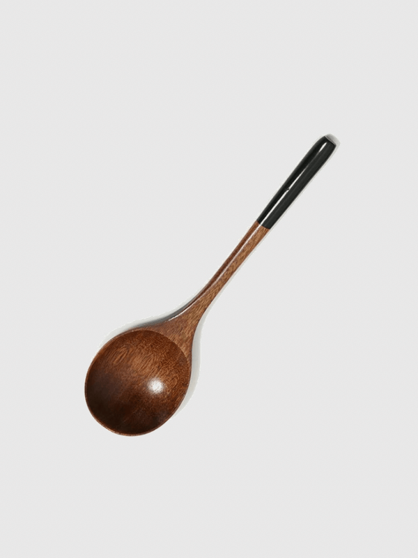 Japanese Korean Style Long Handle Wooden Soup Spoon Kitchen Cooking Utensil Tools Tea Dessert Spoon Natural Kitchen Tableware Tools in Dark brown with black accent natural wood colors