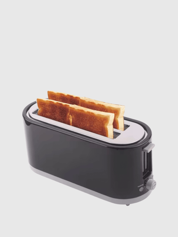 4 Slices long bread wide Trough Toaster 4-Slice Automatic kitchen Bread Baking Machine 7 Gear setting with thaw Oven Breakfast Maker Function Double-sided Heating Tool Toasters appliances in black with silver accent