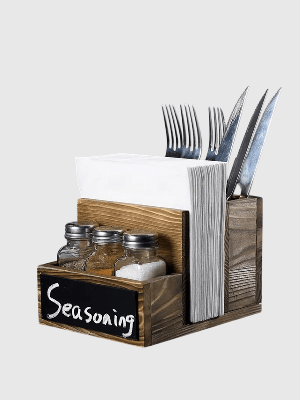 1 Wooden napkin condiment holder, desktop tissue dispenser storage rack, suitable for dining table tissue condiments holders with chalkboard sign in natural dark wood color