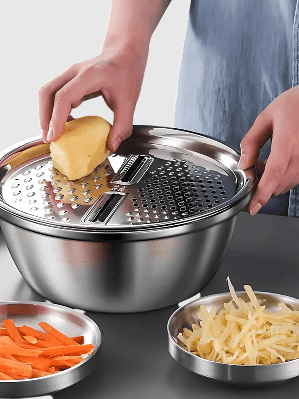 3PCS/1Set Stainless Steel Vegetable Slicer 3-Piece set Potato cheese grater Slicers, Vegetable Washing Basin, Drain Basket, Multifunctional in silver color