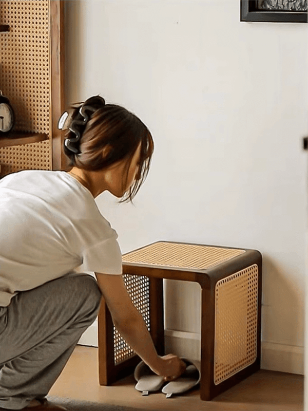 Japanese Style, Solid Oak Wood, Rattan weaving, Square Stool, Sofa, Bedside Table, Shoe Change, Stool, Nordic, Storage, Living Room, Simple In natural walnut wood color