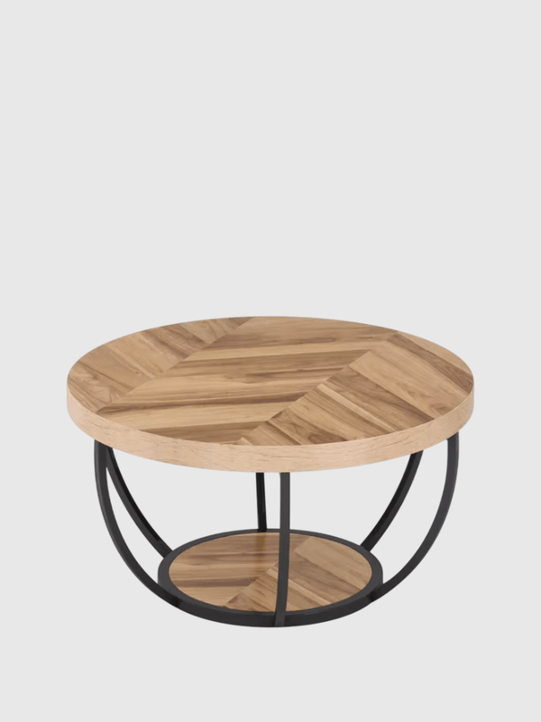 31.7" Round Coffee Table, Industrial 2-Tier Circle with Storage Shelf, Modern Wooden metal Sofa Side Tables in natural light brown wood