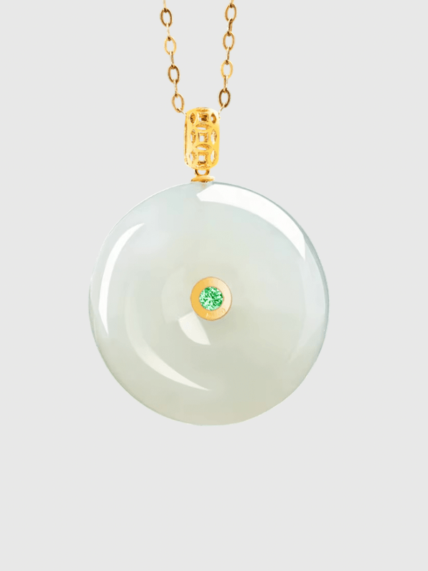 Natural White HeTian Jade Peace Pendant with 18K Gold Round Harmony Buckle Fortune Pendant Amulet Chain Necklace Certificate Trendy Jade Jewelry accessory Traditional South East Asian Fashion Jewellery accessories