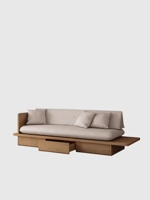 Japanese-style Office Home living room bedroom solid wooden sofa bed with drawers wood removable and washable fabric cushions mattress customizable small apartment sofa-bed chairs in brown beige