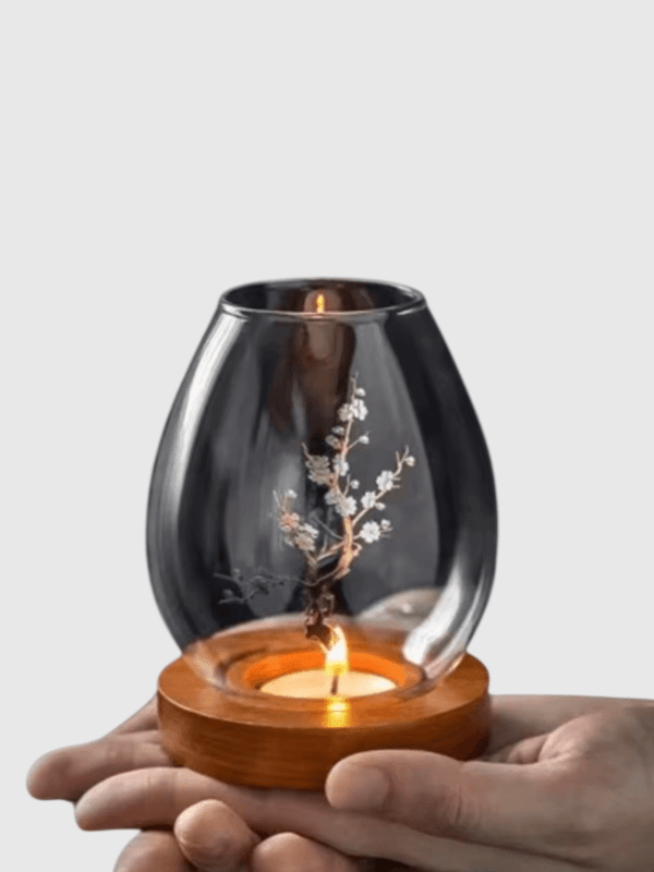 Transparent Dark Glass Candlestick with Cup Cover & Round wooden Candle Holder Retro European Style Table Decoration Ornaments Outdoor Garden Home decor