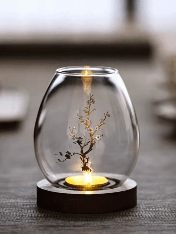 Transparent Light Gray grey Glass Candlestick with Cup Cover & Round wooden Candle Holder Retro European Style Table Decoration Ornaments Outdoor Garden Home decor