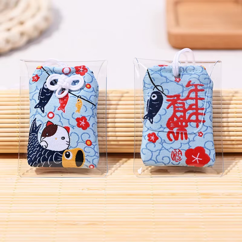 Japanese Prayer Omamori Pray Blessing and misfortune protection Fortune Beauty Health Safety Lucky Cat Prosperity Wealth Bag Guard Talisman Pendant Keychain Charms Couple Gift in blue with multi color