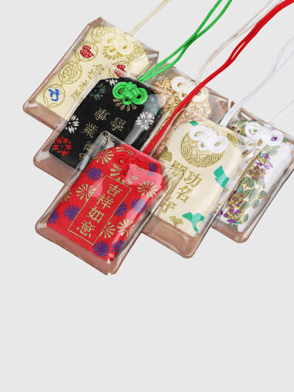 6 pcs Japanese Omamori Charm Lucky Amulet Pendant Fabric Good Luck Charms Car Home Decoration, with cover protector and Hanging Rope Included 6-Piece multi color in red, black, beige, white, beige, golden  cream
