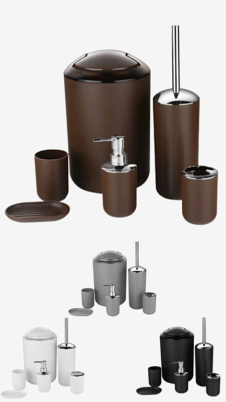 6 Piece Set Luxury Accessories Chocolate Brown Black Gray / Grey White Plastic Toothbrush Holder Cup Soap Dispenser Dish Toilet Brush Holder Trash Can Bathroom Sets Trending