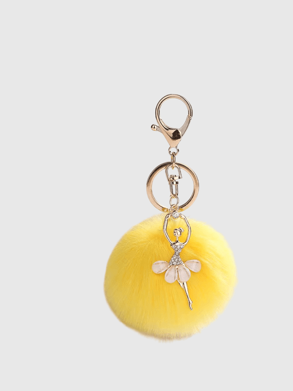Kawaii Ballet Ballerina Dancing Girl Keyring Charm Cute Fluffy Pompom Rhinestone Car Handbag Motorcycle Pendant Accessories Keychains in yellow