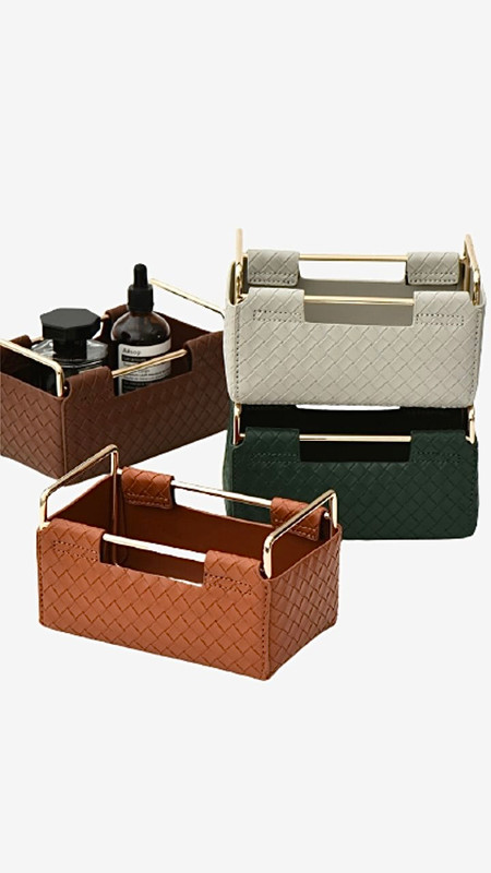 Nordic Bathroom And Kitchen Organizer Gray / Grey, Brown, Dark Green, Chocolate Brown, Vegan PU Leather Woven Cosmetic Organizer Storage Box Makeup Brush Holder Sundries Basket Makeup Organizers Baskets Trending