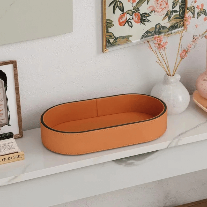 PU Leather Storage Box Home Entrance Jewelry Organizer Box Desktop Cosmetics Miscellaneous Trays Home Living Room Decoration in rustic orange with black accent
