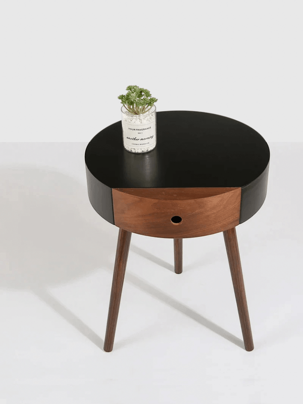 Italian Minimalist round Nightstand Industrial Bedside Table Modern Stylish Chest of Drawers for Bedroom Furniture Italy in natural brown with black accent