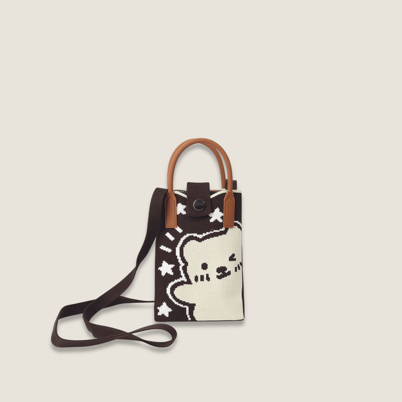 Retro High-End Fashion Kawaii Anime Style Exquisite Bear character Pattern Crossbody Satchel Bag, Durable and Wear-Resistant Knitted Fabric Can Be Used for a Long Time, Suitable for All Seasons, Can Be Used by Women and Men for Travel, Vacation, Holiday getaway Walking and Carrying cellphones Mobile Phones, Keys, Change and Other Small Items, Suitable for All Seasons Bags in brown with off-white cream, white
