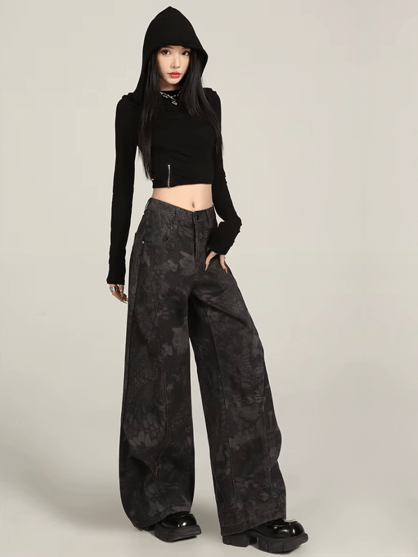 Women’s woman womens petite-, tall-, plus-, size Loose Stretch Floral flowers Print Low Rise Waist Wide-Leg Spring Flowy Trousers Y2k Pants Wide Jeans Pants in black