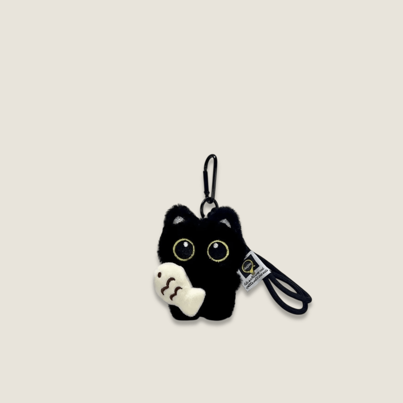 Unisex Plush Black Cat with white fish cartoon Doll Toy Keychain Car Keyring Accessories Couples Kawaii Bag Pendant Charms Gifting