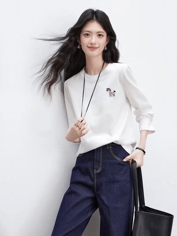 Women’s woman womens petite-, tall-, plus-, size Long Sleeves crewneck round O-Neck Graphic Spring Summer Autumn holiday vacation getaway Cute Pony Embroidered Top Basic Tee Casual T-shirts Clothes in white, with multi rainbow accent