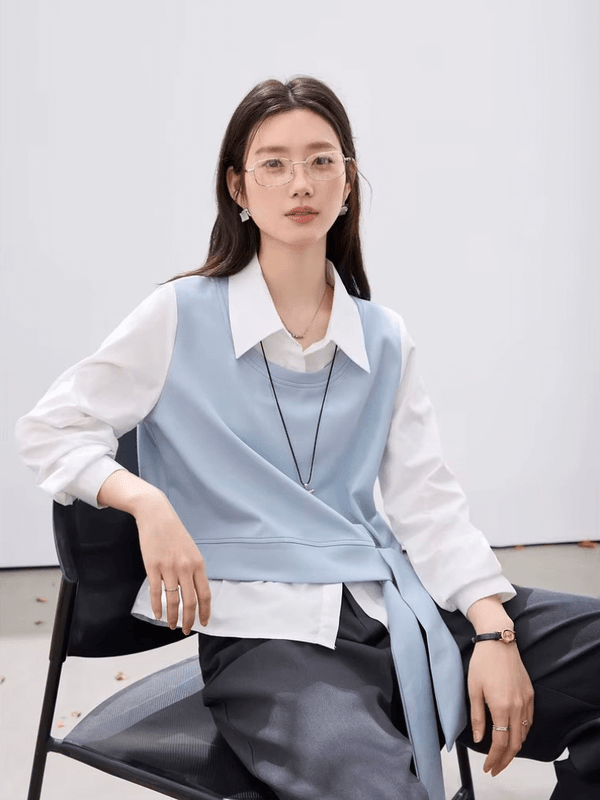 Women’s woman womens petite-, tall-, plus-, size Faux Two-Piece Pullover Spring summer office commute wfh workwear Fashion Color Block Tie Waist Knitted Shirt Crew V-Neck boatneck sweater-shirt Casual Tops sweater shirts 2-Piece in pastel light blue with white