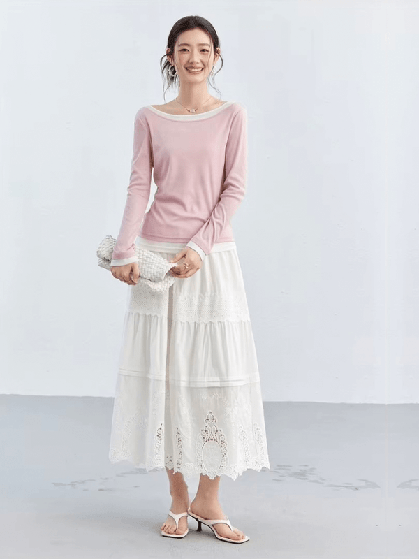 Women’s woman womens Bohemian Boho petite-, tall-, plus-, size Spring Summer Elegant Vacation holiday getaway Lace Trim Tiered Design Sense Casual Umbrella elasticated high rise waistline irregular hem A-Line ankle-length Midi Skirts in white