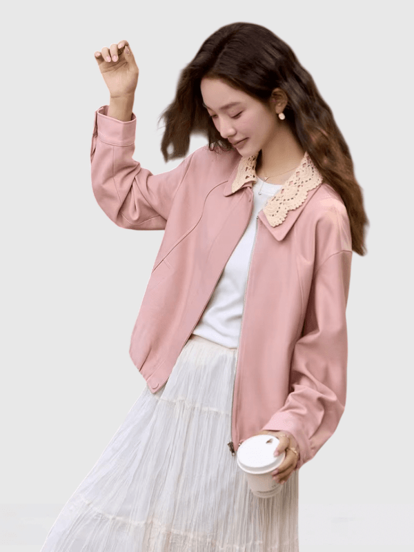 Women’s woman womens petite-, tall-, plus-, size rose Pink Short Jacket Spring Summer Fall French look Style vacation holiday getaway Removable Turn-down lolita Lace Collar Zip Up Short Coats Ladies Outerwear jackets in pink with cream