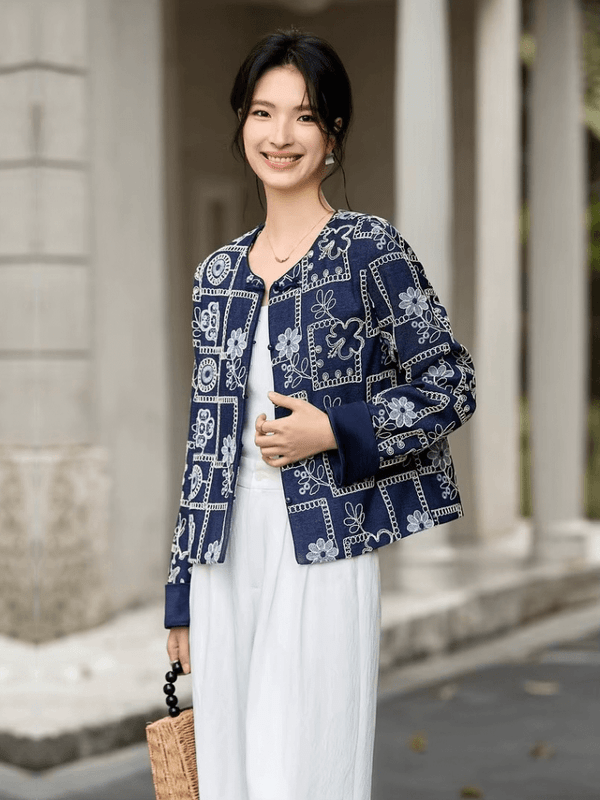 Women’s woman womens petite-, tall-, plus-, size dark navy blue Chinese Style Short cropped Spring Summer Crewneck Frog Button Floral flowers Embroidery long sleeves Coat Loose Daily Casual Cardigan China Jackets with white accent