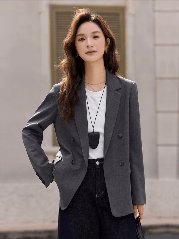 Women’s woman womens petite-, tall-, plus-, size gray Commuter charcoal Gray Blazer Spring Summer Fall Autumn wfh workwear Minimalist Casual Double-Breasted Daily Office Long Sleeves Blazers Outerwear Jackets in grey