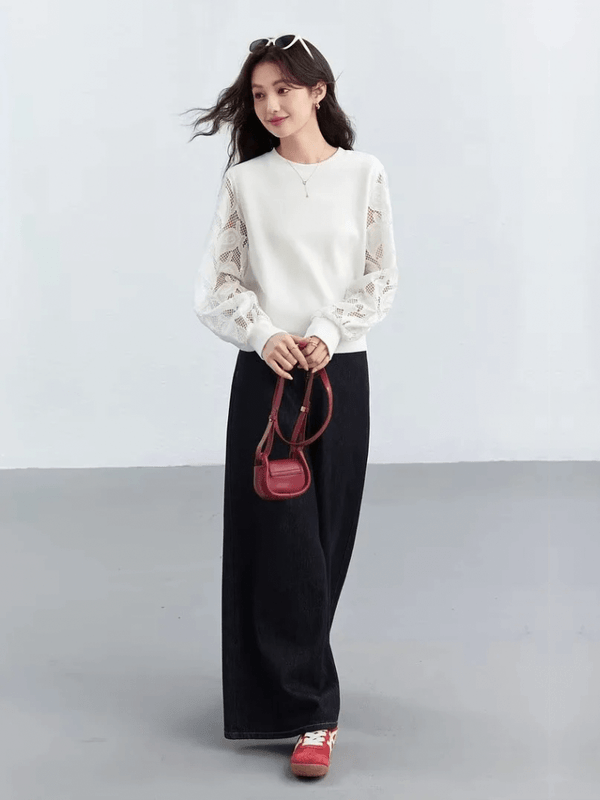 Women’s woman womens Men’s man mens petite-, tall-, plus-, size White Lace Crewneck round o-neck Sweatshirt Spring Summer holiday vacation getaway commuter office wfh workwear Fashion Elegant Hollow out Embroidered Casual Loose Long sleeves Top embroidery t-shirts tops