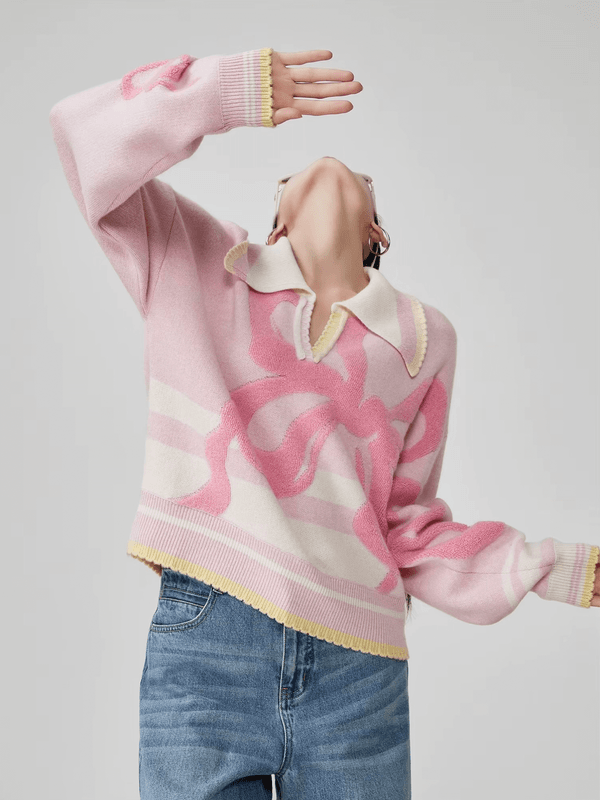 Women’s woman womens petite-, tall-, plus-, size Graphic vibrant dopamine Pink Floral embroidery Knitted turn-down v-neck collar round O-neck Spring Fall Autumn Knot Pattern Heavyweight Knitted Top Casual long sleeves Loose Fit long sleeves sweaters embroidered tops