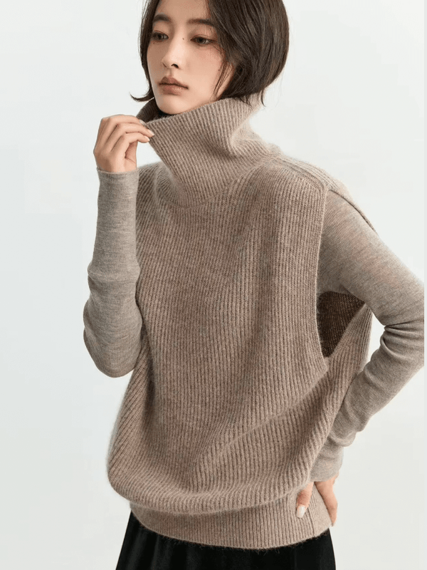 Turtleneck Rib Sweater Vest in camel khaki beige color