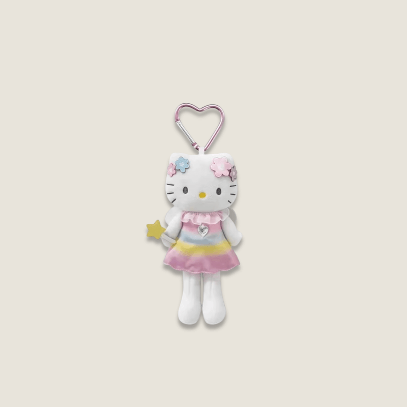 Sanrio Kawaii Girls Cartoon Plush Rainbow Fairy Long Legs Hello Kitty Pendant Keychain Charm Decorations Children's Toys Exquisite Gifts in white with multicolor