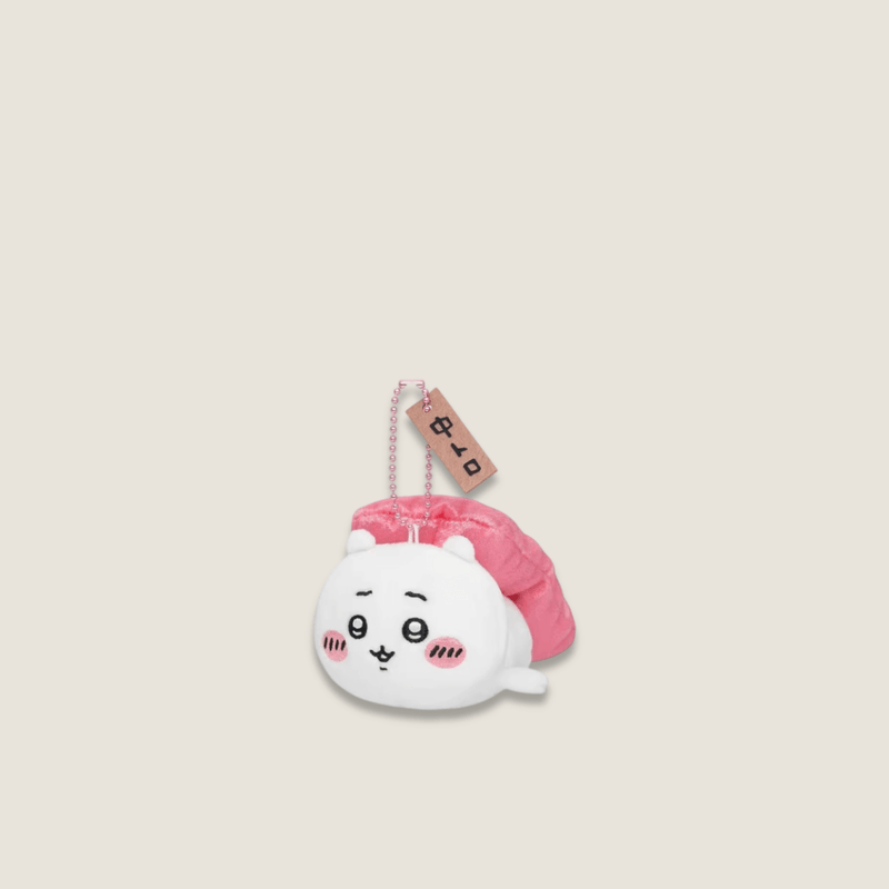 Sanrio Kawaii Girls Cartoon Plush Meaty fatty tuna Chudoro Chiikawa sushi food series Pendant Keychain Charm Decorations Children's Toys Exquisite Gifts in white with pink