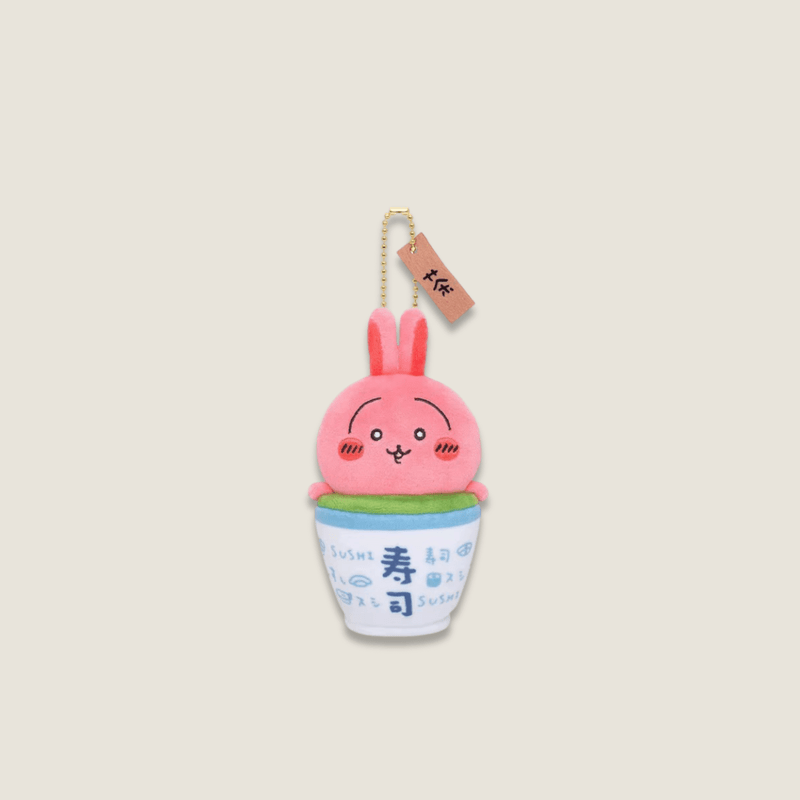 Sanrio Kawaii Girls Cartoon Plush Ocha Usagi Chiikawa sushi food series Pendant Keychain Charm Decorations Children's Toys Exquisite Gifts in white with red-pink green blue tea cup