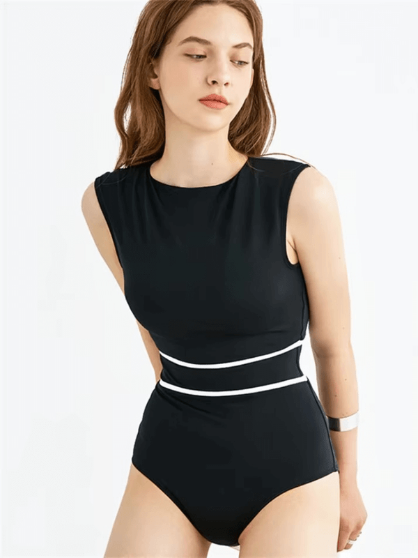 Women’s woman womens petite-, tall-, plus-, size Korean Style One Piece Sexy crewneck round O-neck padded sleeveless hollow-out back with button close Monokini holiday vacation getaway BeachWear Swimsuit Bathing Suit Swimwear in black