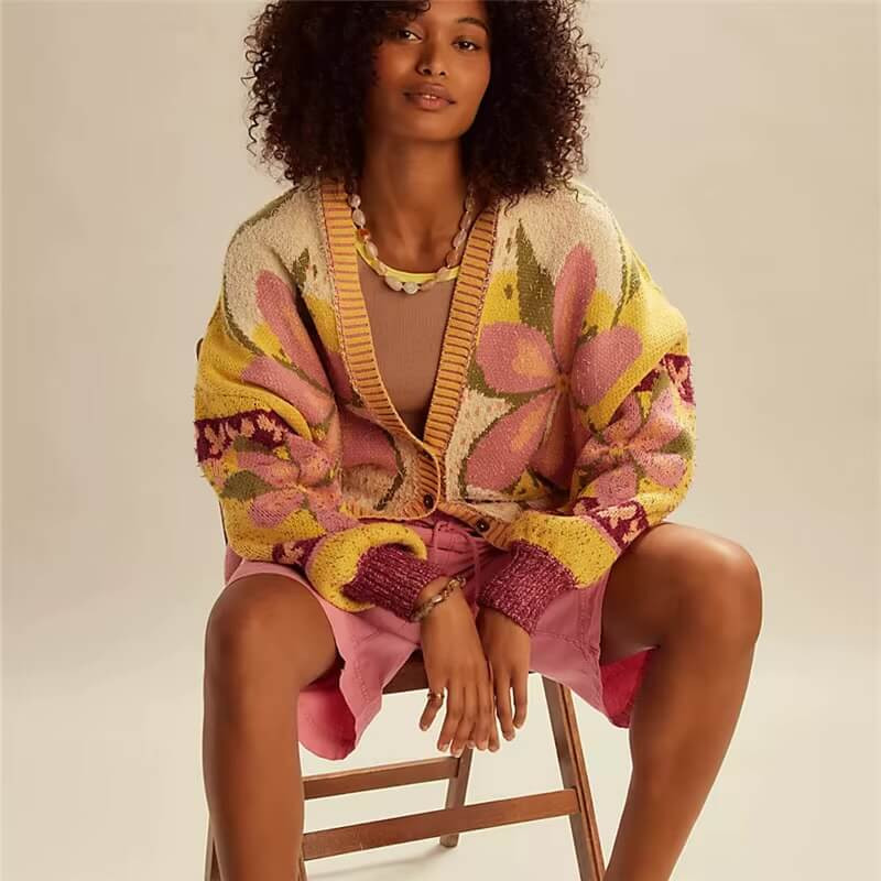 Women’s woman womens Graphic Floral Knit Long Sleeves Button Closure Flower Fall Winter Casual Jacket Sweater Y2K Vintage Streetwear Office commute wfh workwear clothing Cardigans in yellow with multi color