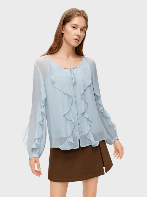 Women’s woman womens petite-, tall-, plus-, size Flounce Scoopneck casual long bell sleeves ruffles ruffled ribbed all-match scoop neck blouse tops clothing in light sky blue