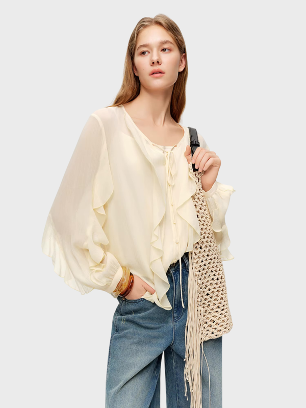 Women’s woman womens petite-, tall-, plus-, size Flounce Scoopneck casual long bell sleeves ruffles ruffled ribbed all-match scoop neck blouse tops clothing in beige