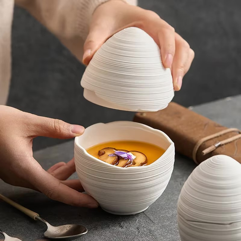 White Ceramic Dessert Bowl Thick Soup Bowl Yogurt Bowls Steamed Egg Bowls Egg Shaped Bowls Molecular Cuisine Simple Dining Tableware Breakfast dessert Dinnerware Bowls in white ripple pattern design