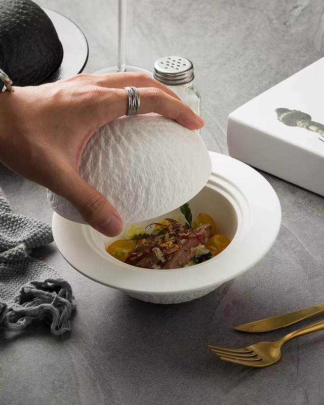 Ceramic Bowl with Lid Creative Rock Texture Thick Soup Bowl Dessert Bowl Pasta Bowls Salad Bowls Restaurant Specialty in white