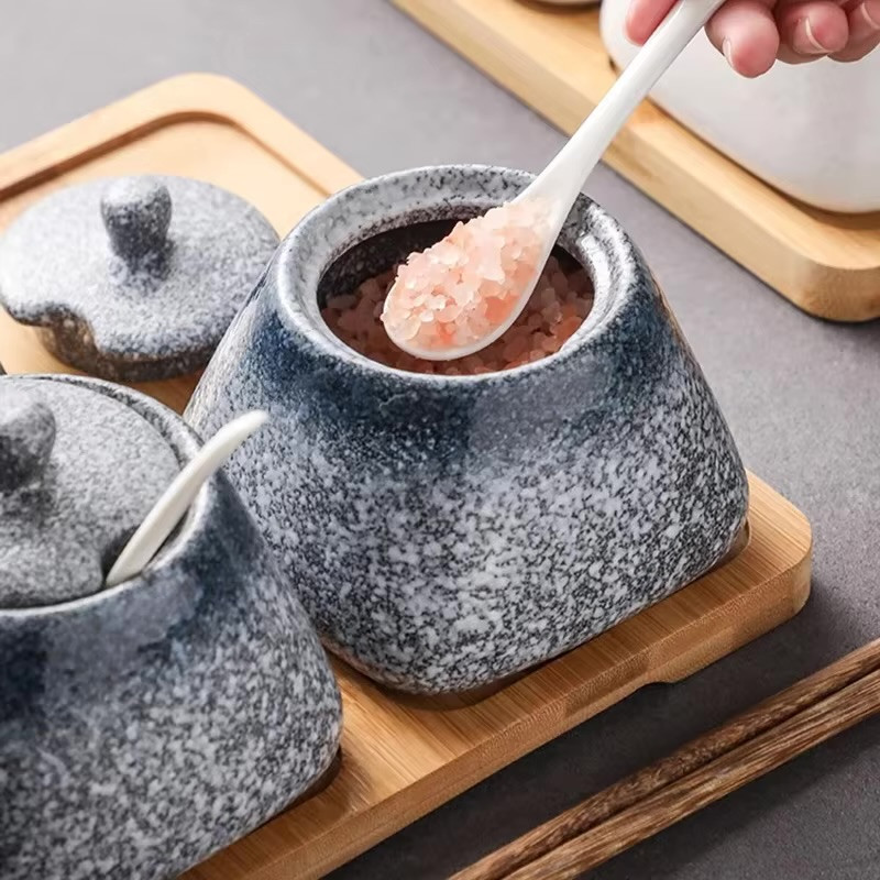 Vintage Ceramic Seasoning Jar with Lid Spoon Set Creative Salt Sugar Pepper Powder Jar Pig Oil Tank Kitchen Creative Seasoning Tools In multi merle Gray grey color