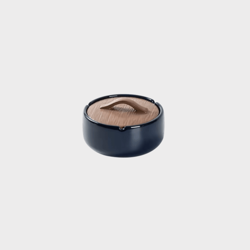 Ceramic Ashtray with Lid Personality Trend Anti-fly Ash Ashtrays Living Room Office Ash Fruits, nuts dates food snacks Storage Box Home Decoration Indoor Outdoor Ash Tray For Home in dark blue, wood