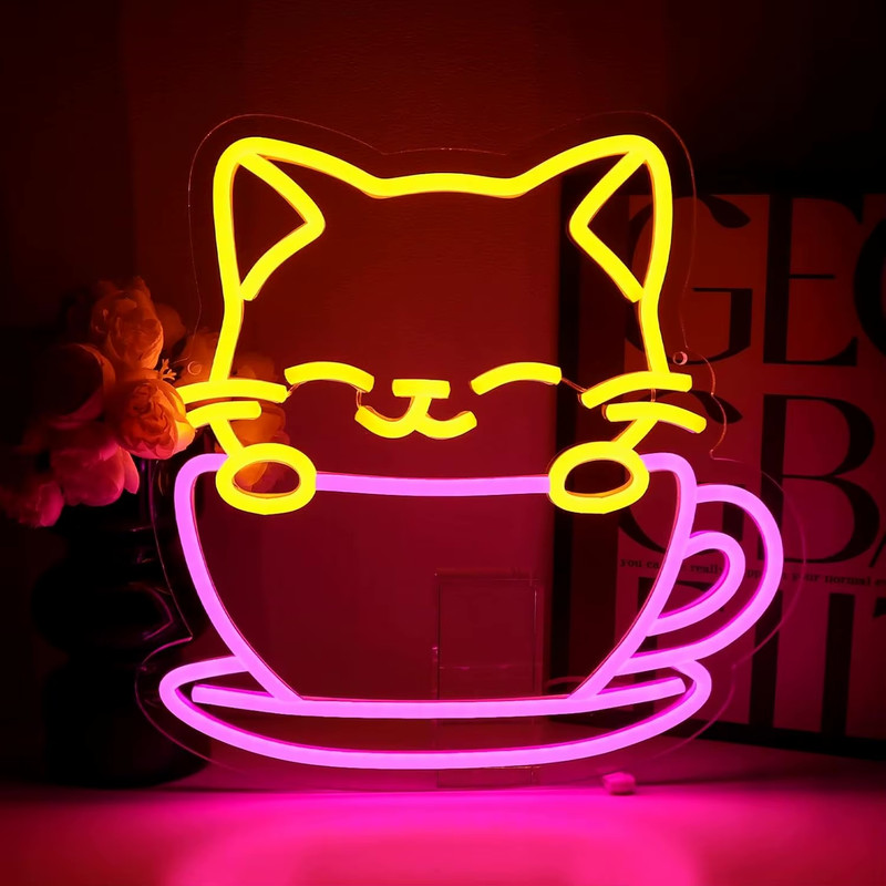 Coffee cup Kitty Cat Neon Sign for Bakery Dessert Shop Food Store Cafe Dimmable Neon Lights for Japanese Street Food Shop Restaurant Office Home Decor Aesthetics Draw Celebratory Gifts Lighting in multi color